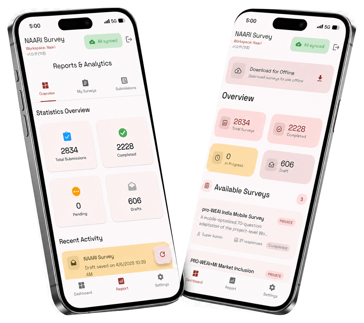 Two phones displaying the NAARI Survey dashboard and reports