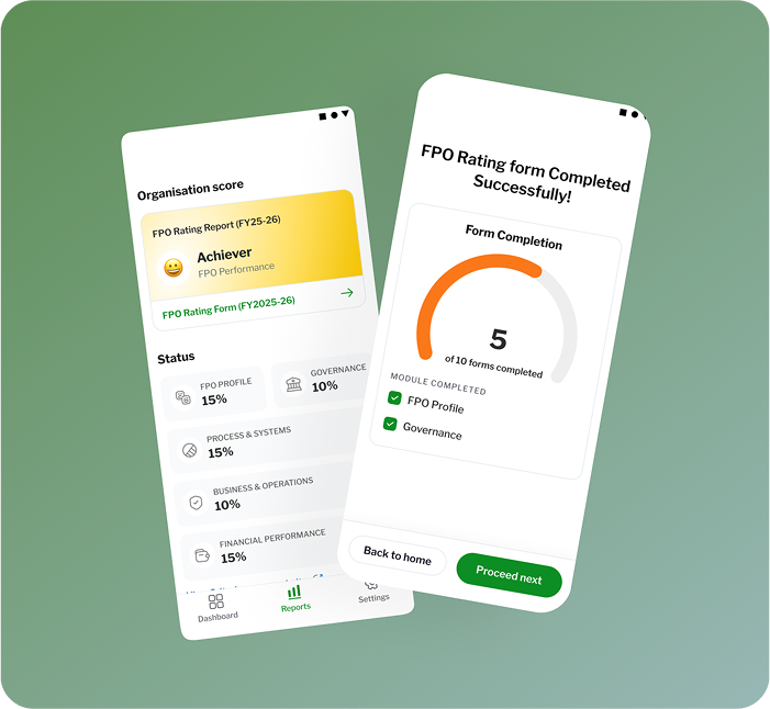 Two app mockups showing scoring and completion on mobile